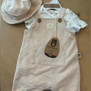 Organic cotton, Rabbit and Bear unisex overall and hat outfit